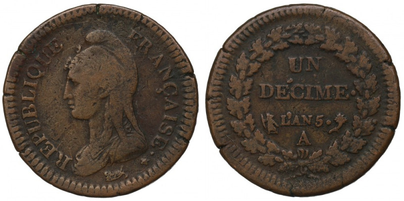 Francja, 1 decime 1796 Obiegowy egzemplarz rzadszej w handlu pozycji. Reference:...