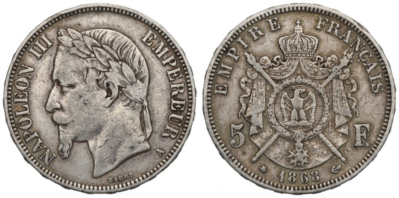 France, 5 francs 1868 Ładny, obiegowy egzemplarz. Reference: Krause KM#799
Grad...