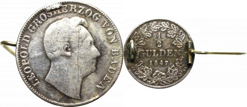 Germany, Badenia, 1/2 gulden 1847 Obiegowy egzemplarz przerobiony na broszkę. 
...