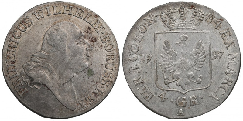 Germany, Preussen, 4 groschen 1797 Piękny okołomenniczy egzemplarz. Skaleczenia ...