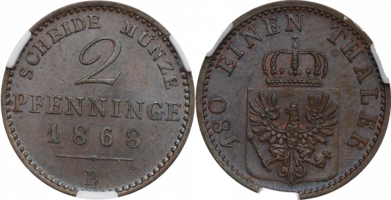 Germany, 2 pfennig 1868 Piękny, menniczy egzemplarz. Moneta w polskim gradingu. ...