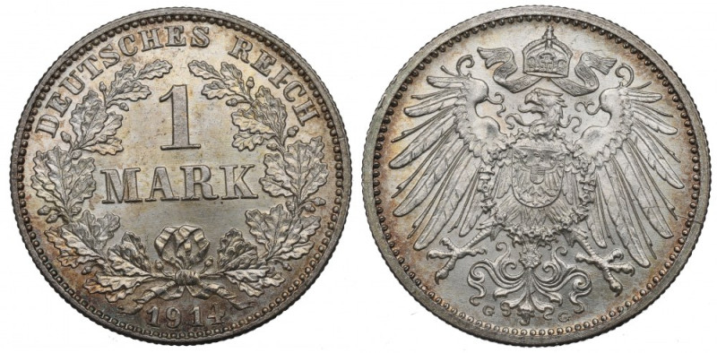 Germany, 1 mark 1914 G Wyśmienity, menniczy egzemplarz. Awers: orzeł Rzeszy, pod...