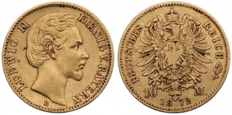 Germany, Bayern, 10 mark 1872 Ładny egzemplarz. Awers: głowa władcy w lewo, w ot...