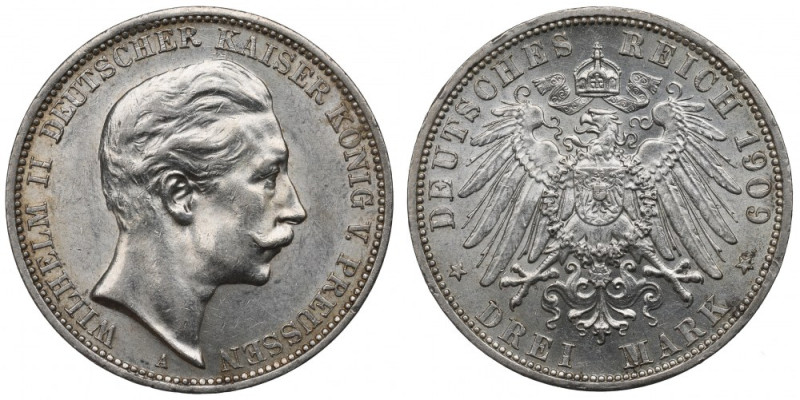 Germany, Prussia, Wilhelm II, 3 mark 1909 Bardzo ładny ponadprzeciętny egzemplar...