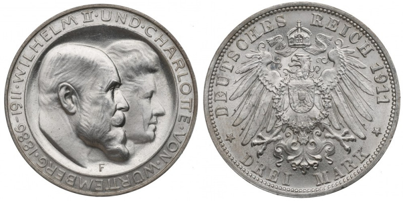 Germany, Wuertemberg, 3 mark 1911, Stuttgart - wedding anniversary Obverse: WILH...