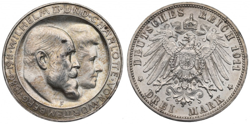 Germany, Wuertemberg, 3 mark 1911, Stuttgart - wedding anniversary Obverse: WILH...