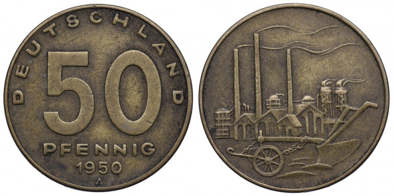 Niemcy, 50 fenigów 1950 A Obiegowy egzemplarz. 
Grade: VF+ 

Germany, Deutsch...