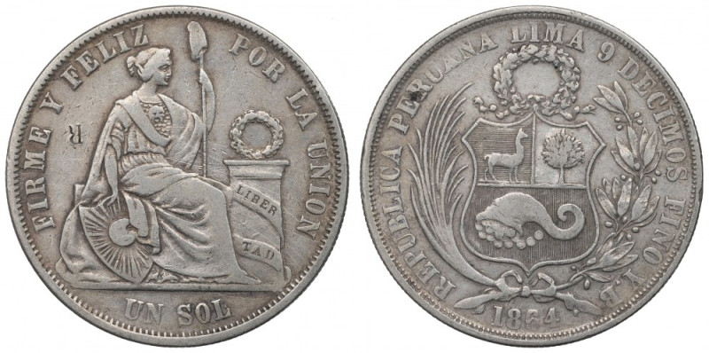 Peru, 1 sol 1864 Ładny egzemplarz. Kontrmarka R. Srebro .900, waga katalogowa 25...