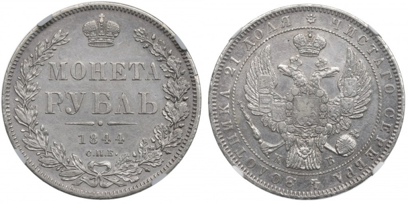 Russia, Nicholas I, Rubl 1844 - NGC AU Details Ładny, okołomenniczy egzemplarz. ...