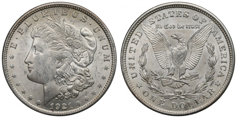 USA, Morgan dollar 1921 Piękny egzemplarz z pojedynczymi skazami. 
Grade: AU 
...