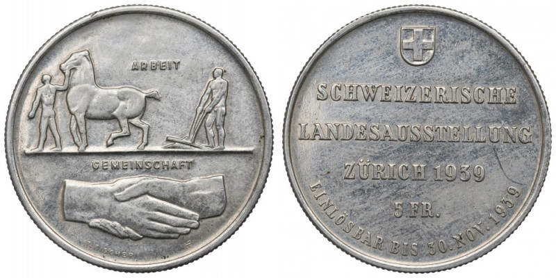 Switzerland, 5 francs 1939 Ładny egzemplarz rzadszej w handlu pozycji. Srebro, ś...