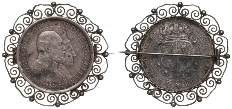 Sweden, 2 kronor 1907 - brooch Srebro, średnica 43,5 mm, waga łączna 20,21 &nbsp...