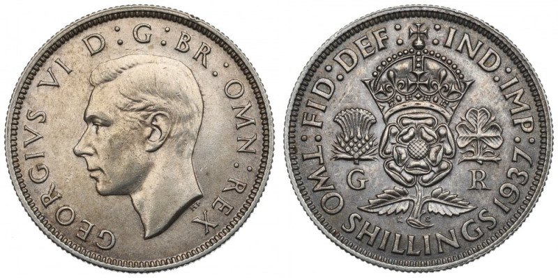 UK, 2 shillings 1937 Bardzo ładny egzemplarz. Srebro .500, waga katalogowa 11,31...