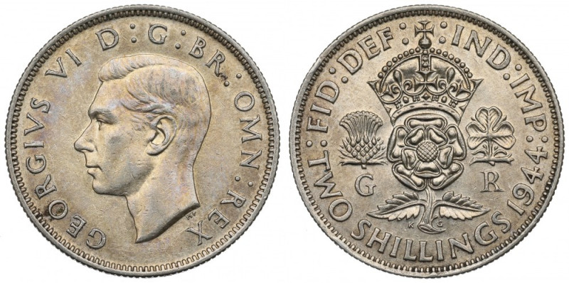 UK, 2 shillings 1944 Ładny egzemplarz. Srebro .500, waga katalogowa 11,31 g. Ref...