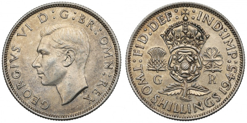 UK, 2 shillings 1945 Bardzo ładnie zachowany egzemplarz. Srebro .500, waga katal...