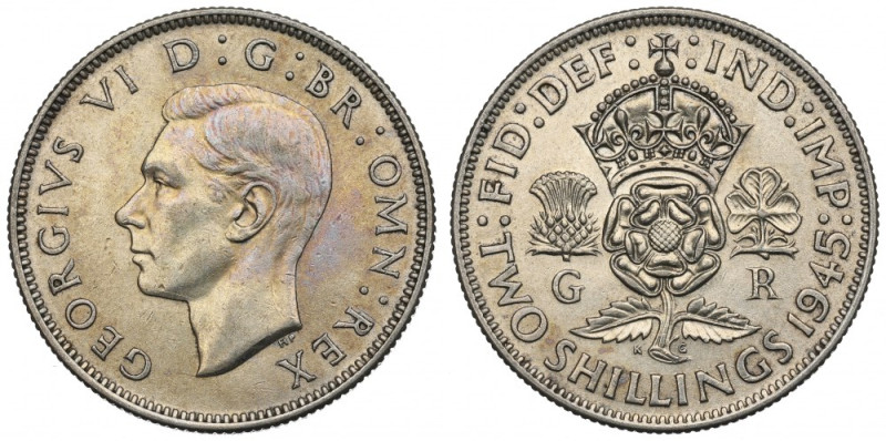 UK, 2 shillings 1945 Ładnie zachowany egzemplarz. Srebro .500, waga katalogowa 1...