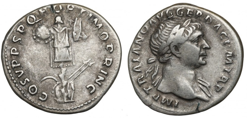 Roman Empire, Traian, Denarius Ładny egzemplarz. Awers: popiersie cesarza w wień...