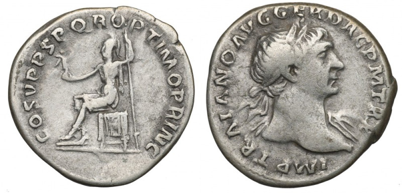 Roman Empire, Traian, Denarius Ładny egzemplarz. Awers: popiersie cesarza w wień...