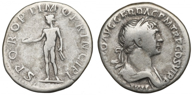Roman Empire, Traian, Denarius Obiegowy egzemplarz. Awers: popiersie cesarza w w...