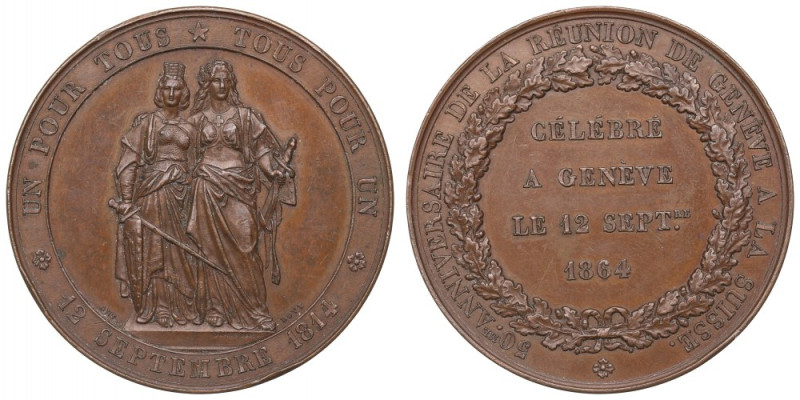 Szwajcaria, Medal 50 lat powrotu Genewy do Szwajcarii 1864 Ładny egzemplarz z le...