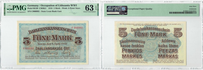 Kowno, 5 marek 1918 - PMG 63 EPQ Wyśmienicie zachowany banknot o doskonałej prez...