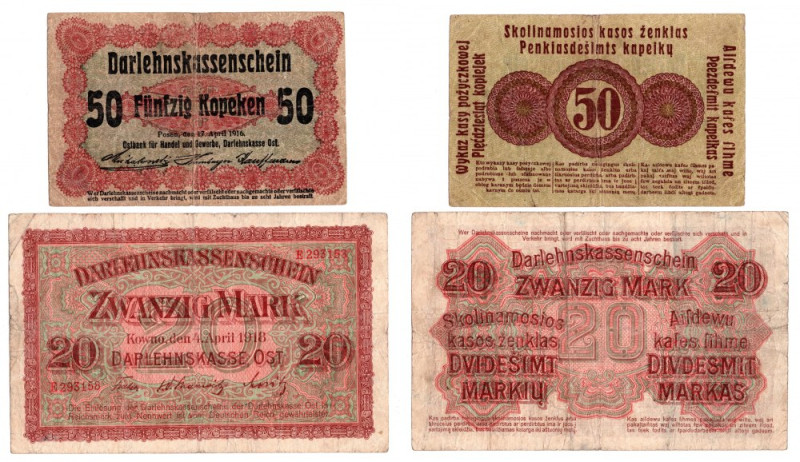 Zestaw 50 kopiejek Poznań i 20 marek Kowno Zestaw dwóch banknotów w obiegowej ko...