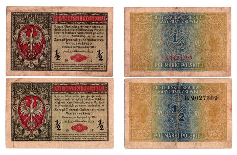 Zestaw 1/2 mkp 1916 Jenerał i Generał Zestaw dwóch banknotów w typowo obiegowej ...