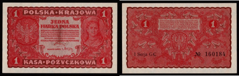 II RP, 1 marka polska 1919 I SERIA GC Banknot o idealnej żywej kolorystyce druku...