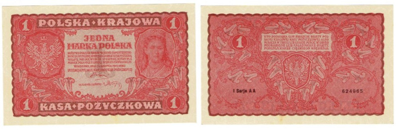 II RP, 1 marka polska 1919 I SERIA AA Banknot o idealnej żywej kolorystyce druku...