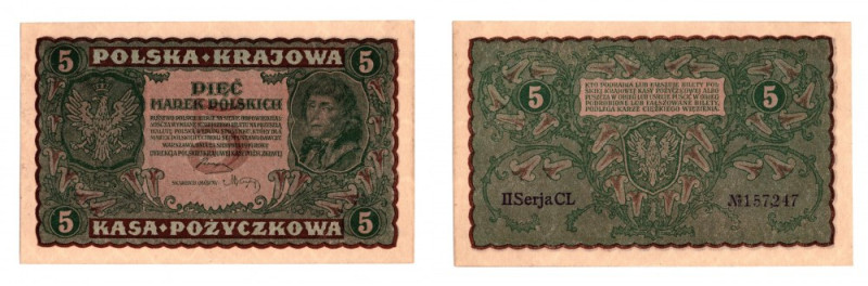 II RP, 5 marek polskich 1919 II Serja CL Egzemplarz w emisyjnym stanie zachowani...