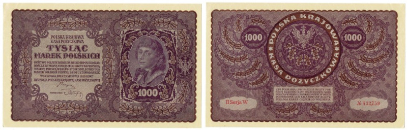 II RP, 1000 marek polskich 1919 II SERJA W Wyśmienicie zachowany banknot z paczk...