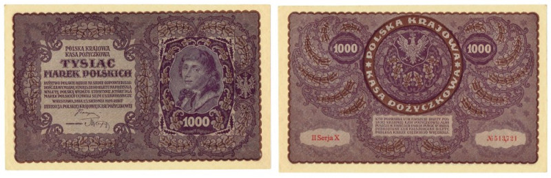 II RP, 1000 marek polskich 1919 II SERJA X Wyśmienicie zachowany banknot z paczk...