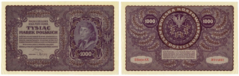 II RP, 1000 marek polskich 1919 II seria AX Banknoty o dobrej prezencji wizualne...