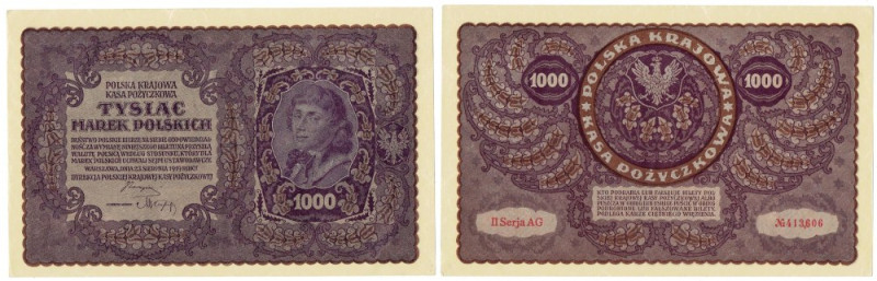 II RP, 1000 marek polskich 1919 II SERJA AG Wyśmienicie zachowany banknot z pacz...