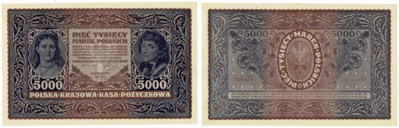 II RP, 5000 marek polskich 1919 III Serja A Banknoty z racji formatu bardzo trud...