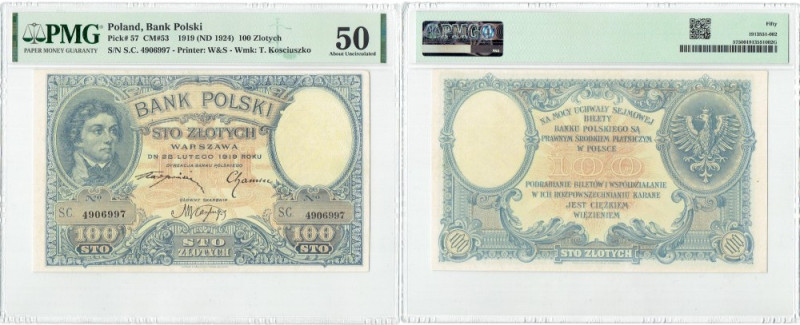 II RP, 100 złotych 1919 S.C. PMG 50 Rzadsza seria banknotu emisji 1919 Banknot t...