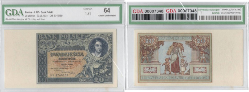 II RP, 20 złotych 1931 DH - GDA 64 Egzemplarz w emisyjnym stanie zachowania, pap...