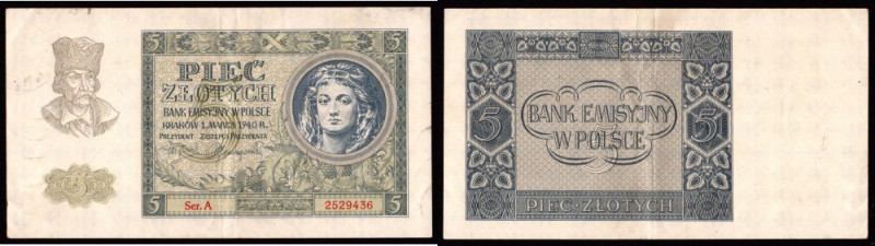 GG, 5 złotych 1940 A Egzemplarz z centralnym złamaniem w pionie i poziomie. Bank...