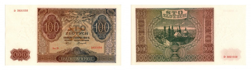 GG, 100 złotych 1941 D Egzemplarz w emisyjnym stanie zachowania.
 Banknot autor...