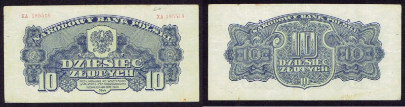 PRL, 10 złotych 1944 , '...owym...' XA Obiegowy stan, złamany&nbsp; Banknot auto...