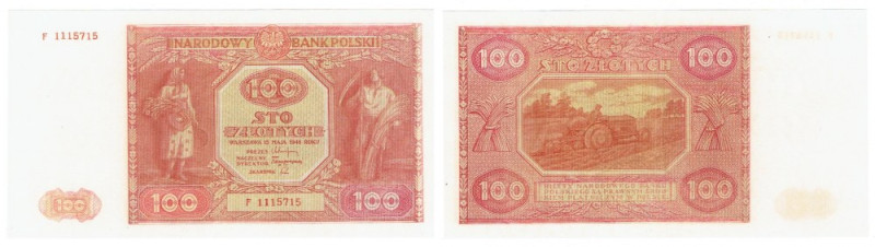 PRL, 100 złotych 1946 F Rzadszy banknot w wizualnie kondycji bardzo dobrej, złam...