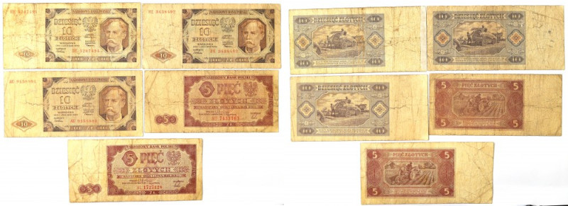 PRL, Zestaw 5-10 złotych 1948 Zestaw banknotów, obiegowe stany zachowania.