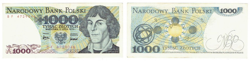 PRL, 1000 złotych 1975 -BF Bardzo ładnie zachowany banknot. złamany prawy dolny ...