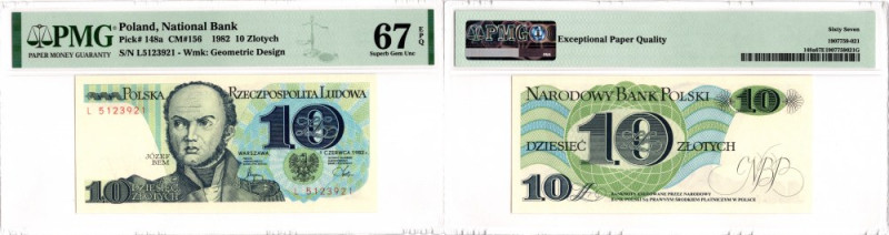 PRL, 10 złotych 1982 L - PMG 67EPQ Wyśmienicie zachowany banknot o idealnej żywe...