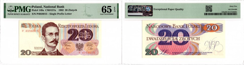 PRL, 20 złotych 1982 M - PMG 65EPQ Wyśmienicie zachowany banknot doceniony bardz...