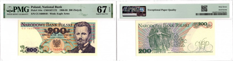 PRL, 200 złotych 1986CU - PMG 67EPQ Wyśmienicie zachowany banknot o idealnej żyw...