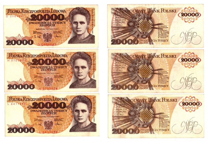 20 000 złotych 1989 - Zestaw serie D, H, L Zestaw przyjemnych wizualnie egzempla...