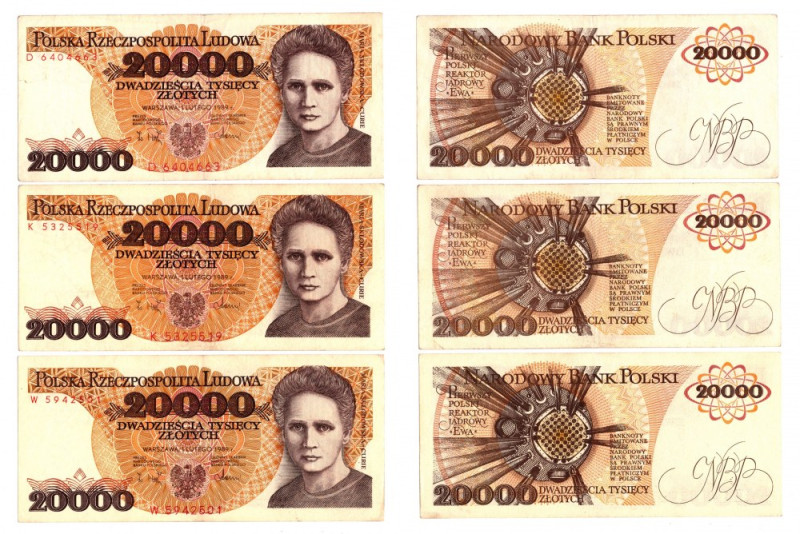 20 000 złotych 1989 - Zestaw serie D, K, W Zestaw przyjemnych wizualnie egzempla...