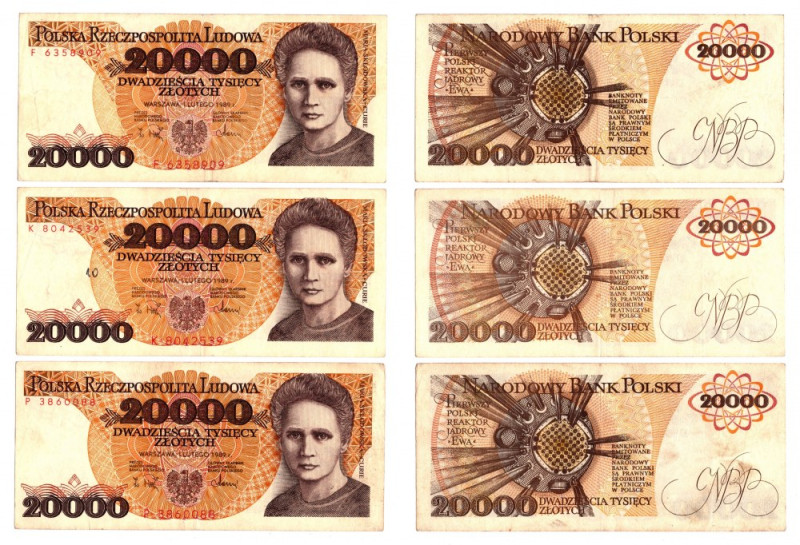 20 000 złotych 1989 - Zestaw serie P, K, F Zestaw przyjemnych wizualnie egzempla...