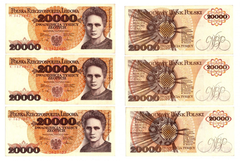 20 000 złotych 1989 - Zestaw serie U, K, M Zestaw przyjemnych wizualnie egzempla...